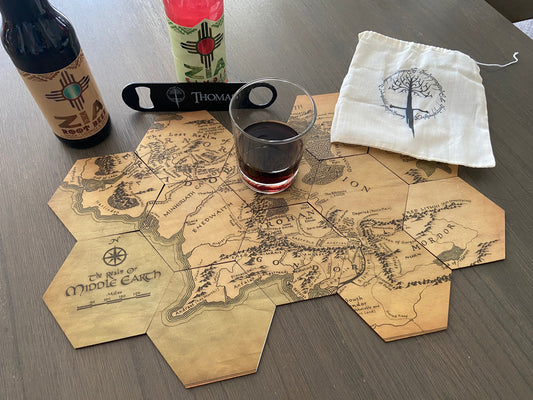 LOTR Inspired Full Color Coaster Map Set with Black Stainless Steel Bottle Opener and Drawstring Bag