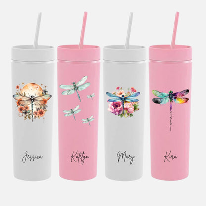 Personalized Dragonfly Gift Skinny Tumbler with Lid and Straw