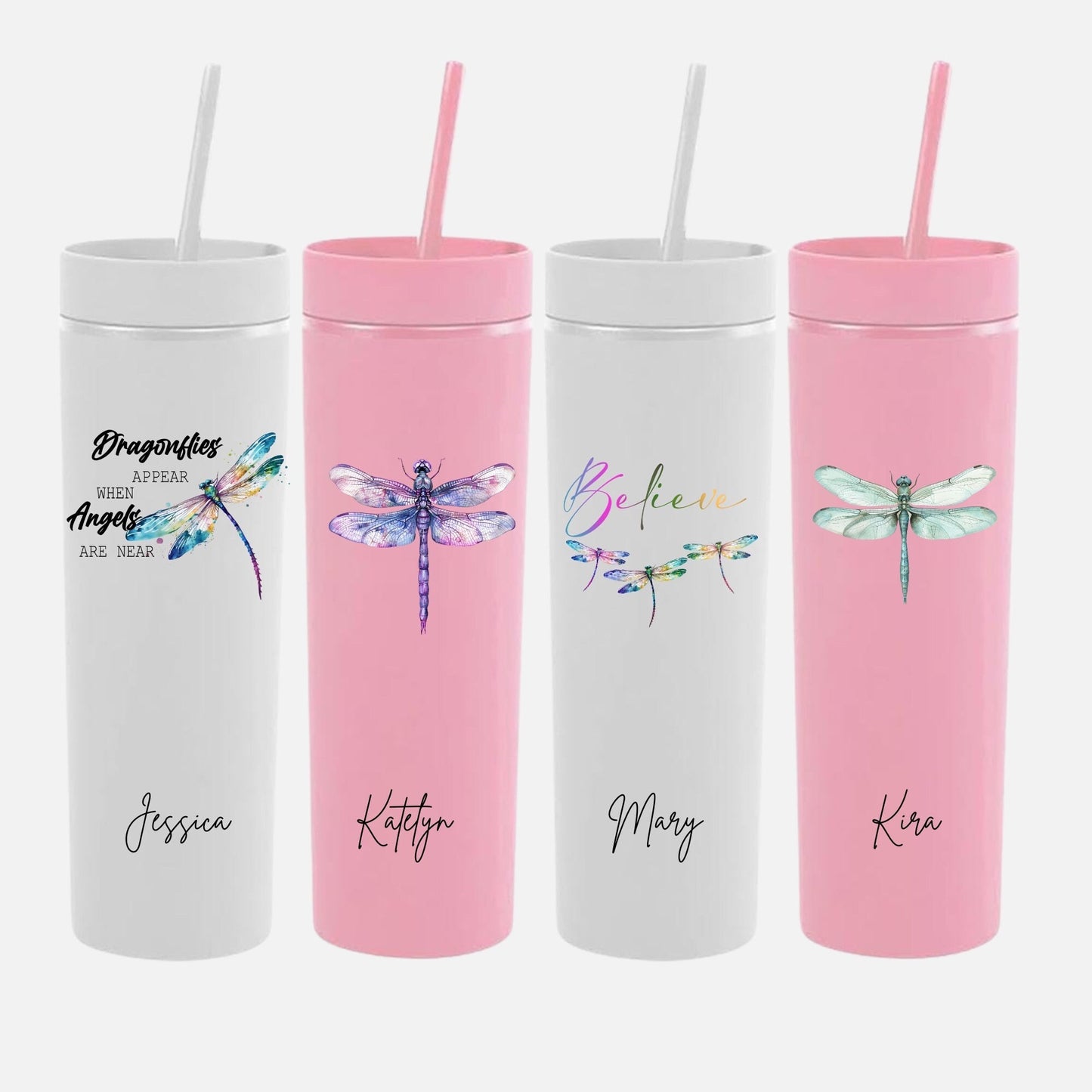 Personalized Dragonfly Gift Skinny Tumbler with Lid and Straw