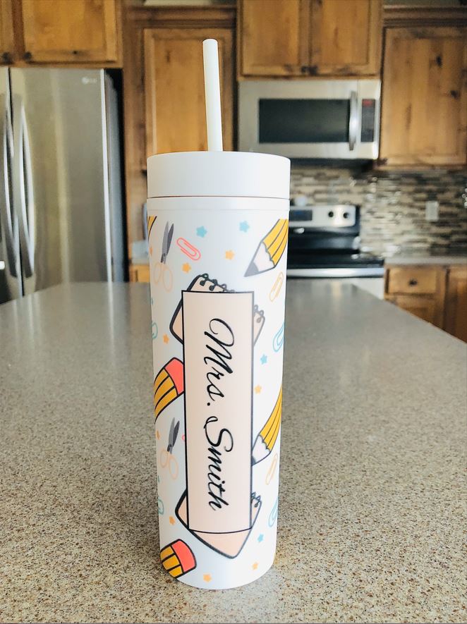 Monogrammed Teacher Appreciation Matte Pastel Skinny Tumblers with Lids and Straws