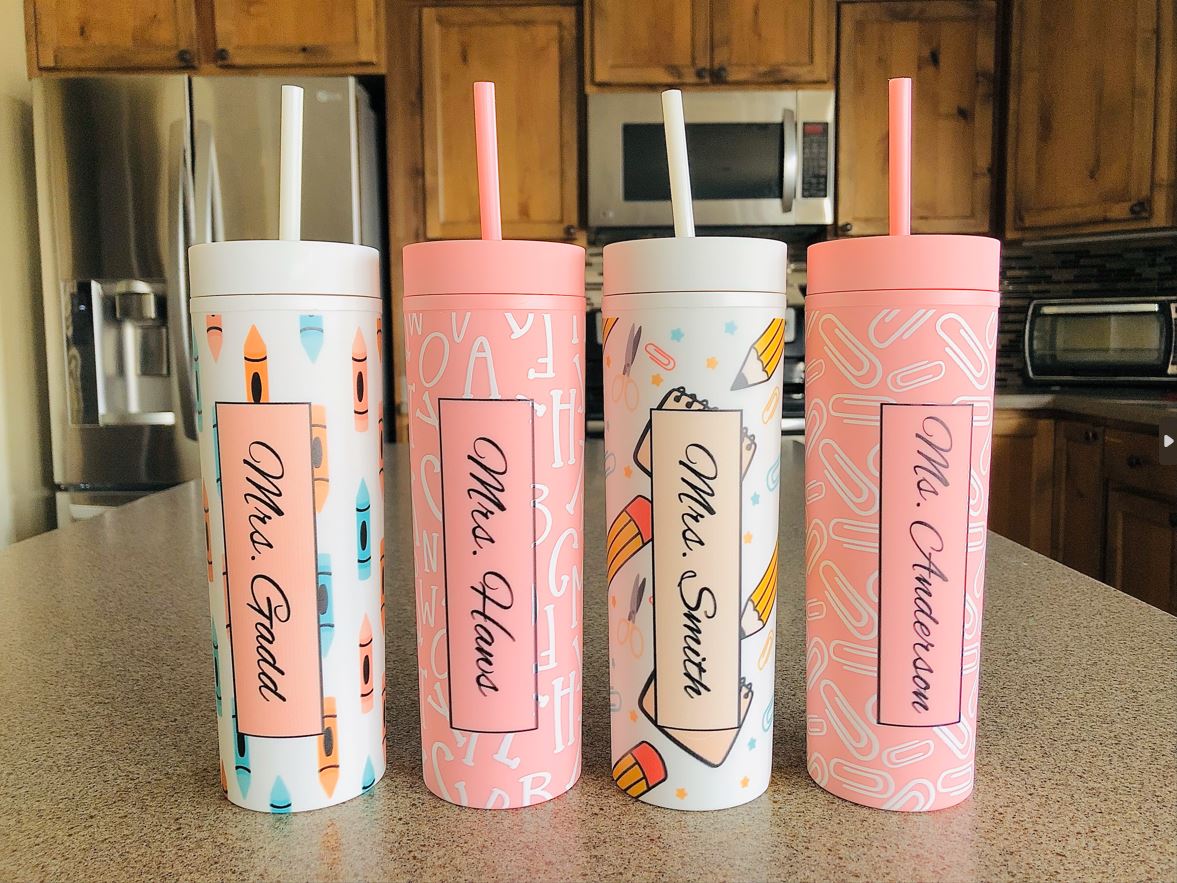 Monogrammed Teacher Appreciation Matte Pastel Skinny Tumblers with Lids and Straws