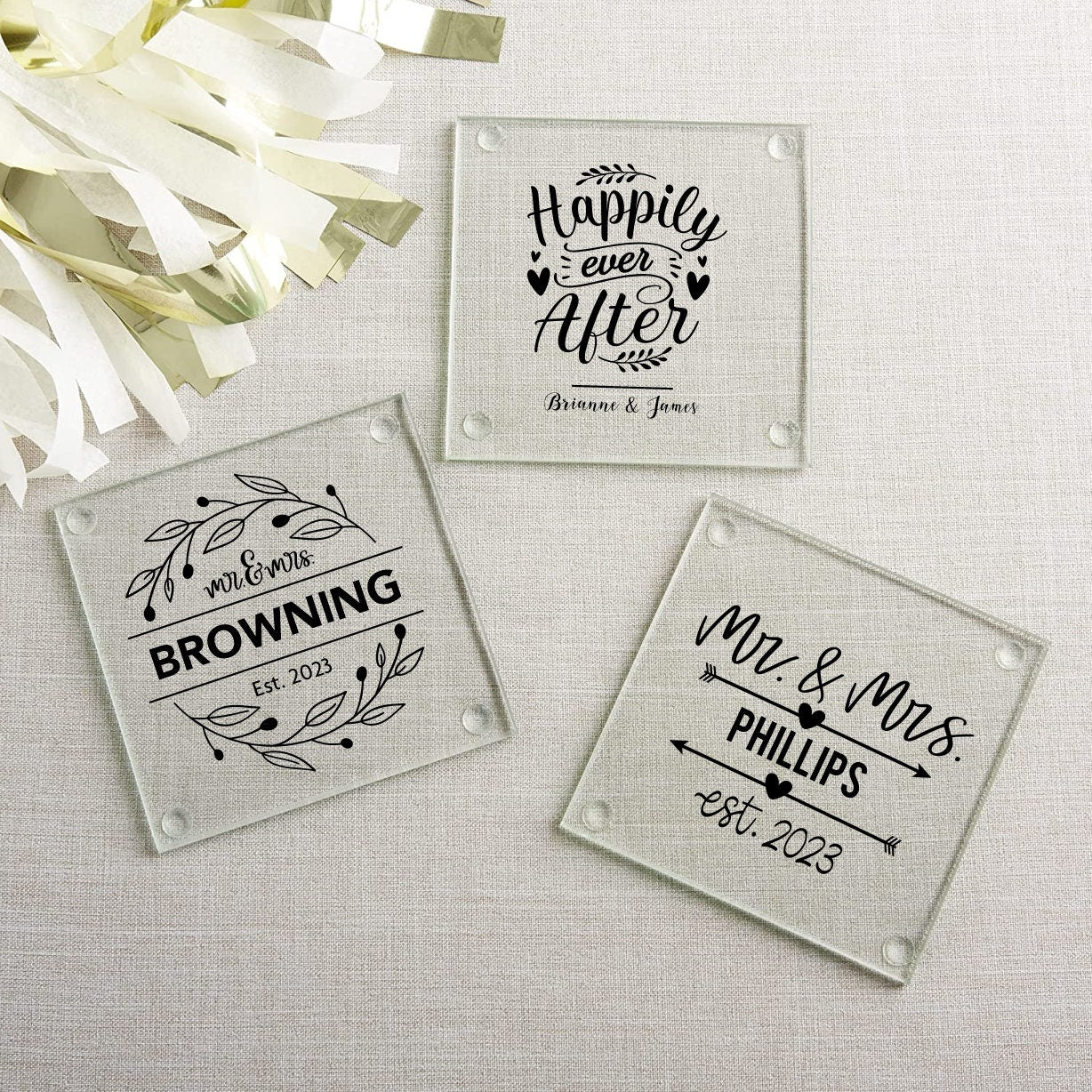 Monogrammed Mr & Mrs Glass Coaster Set, Personalized Wedding Coasters, Glass Coaster Set