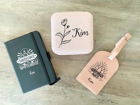 Monogrammed Travel Bundle | Personalized Adventure Bundle | Customized Leather Travel Journal, Jewelry Case, and Luggage Tag