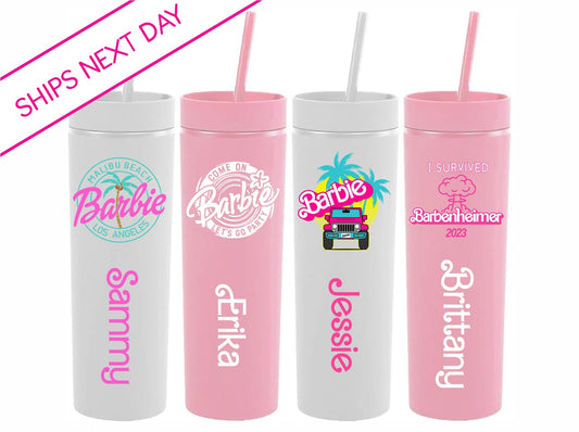Monogrammed Barbi Themed Skinny Tumblers with Lids and Straws