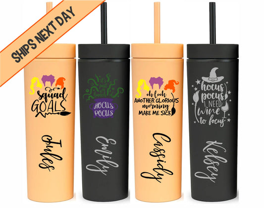 Monogrammed Halloween Hocus Pocus Skinny Tumbler with Lid and Straw