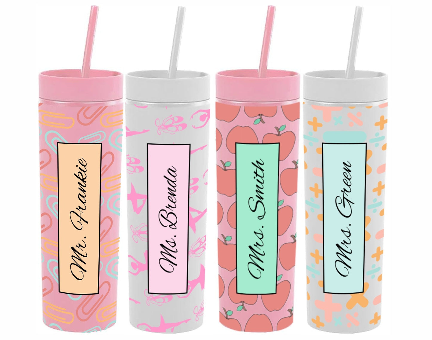 Monogrammed Back to School Teacher Appreciation Skinny Tumblers with Lids and Straws