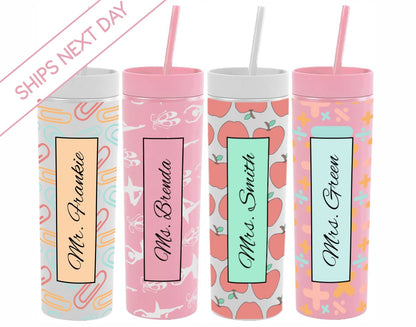 Monogrammed Back to School Teacher Appreciation Skinny Tumblers with Lids and Straws