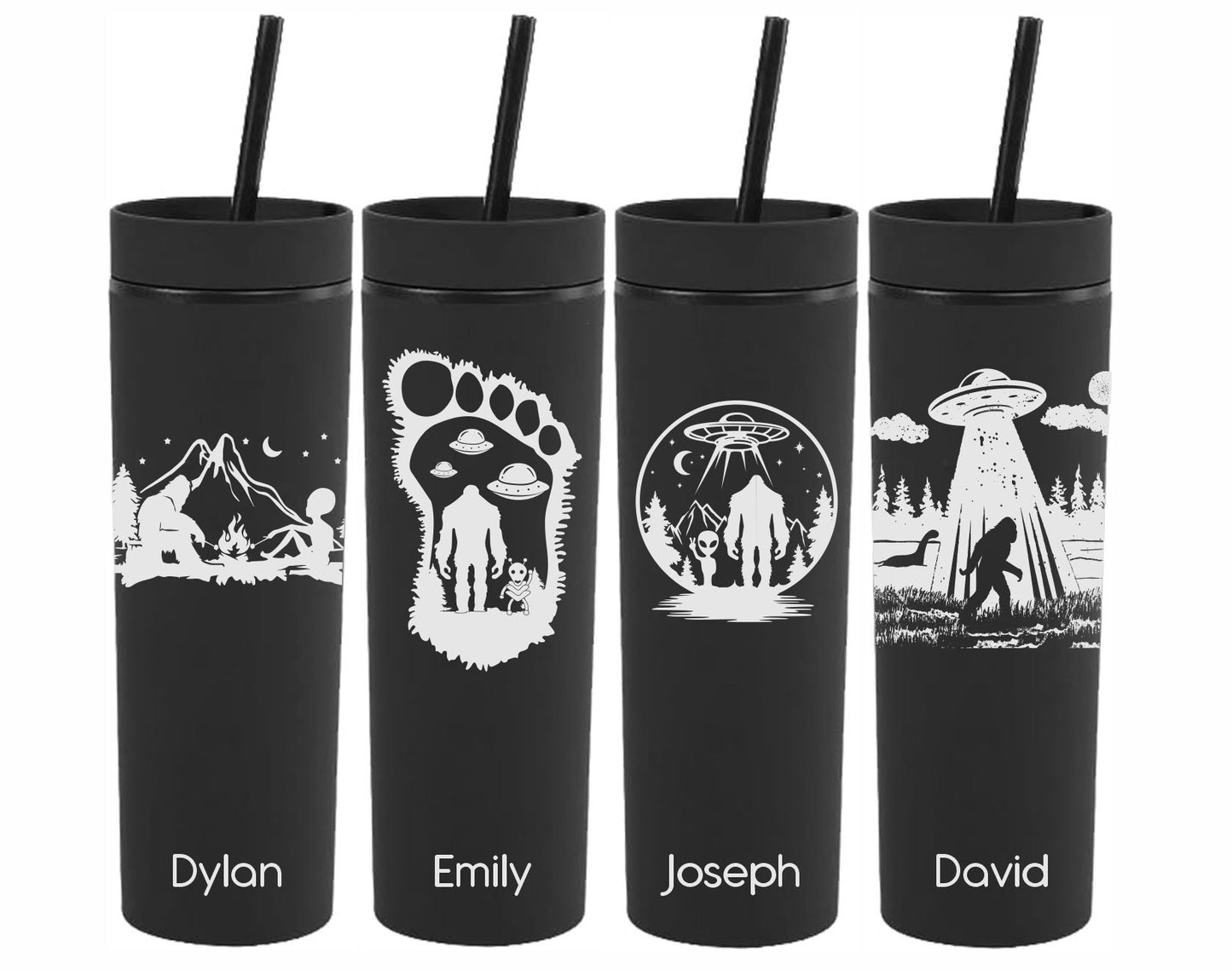 Custom Bigfoot Alien Skinny Tumblers with Lid and Straw | Bigfoot gifts | Alien Gifts | Sasquatch Lover