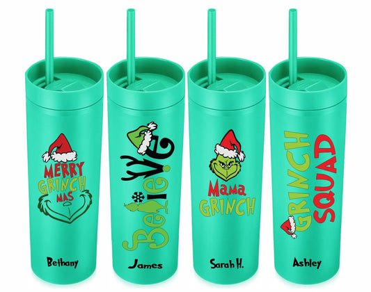 Monogrammed Christmas Grinch Skinny Tumbler with Lid and Straw