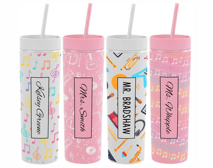 Monogrammed Music Teacher Skinny Tumbler with Lid and Straw