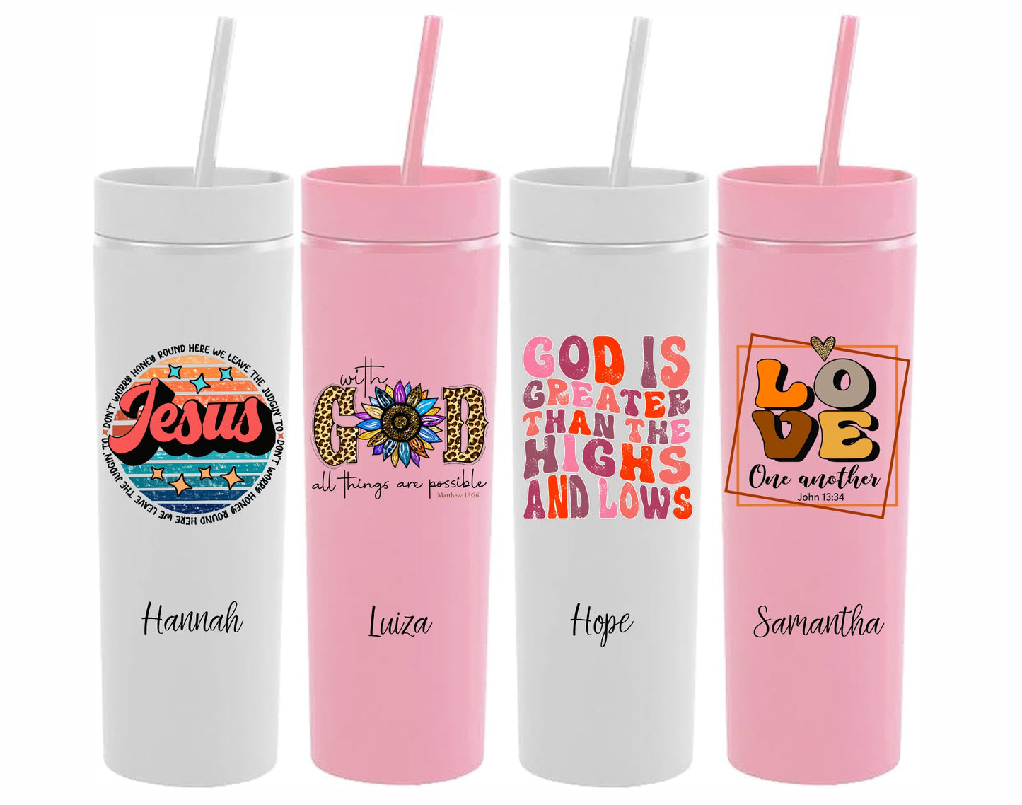 Monogrammed Christian Themed Skinny Tumbler with Lid and Straw