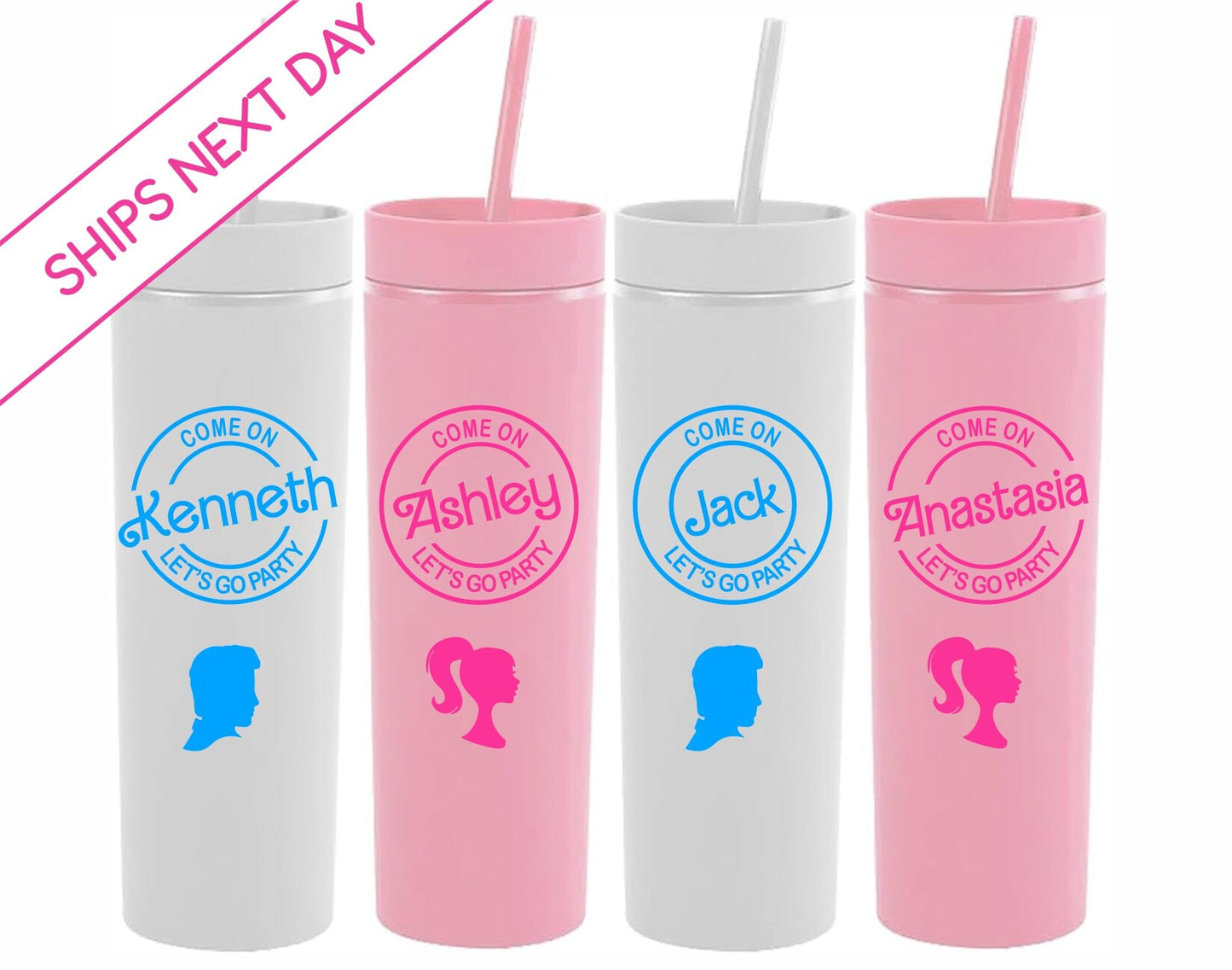 Custom Name Let's Go Party Skinny Tumbler with Lid and Straw