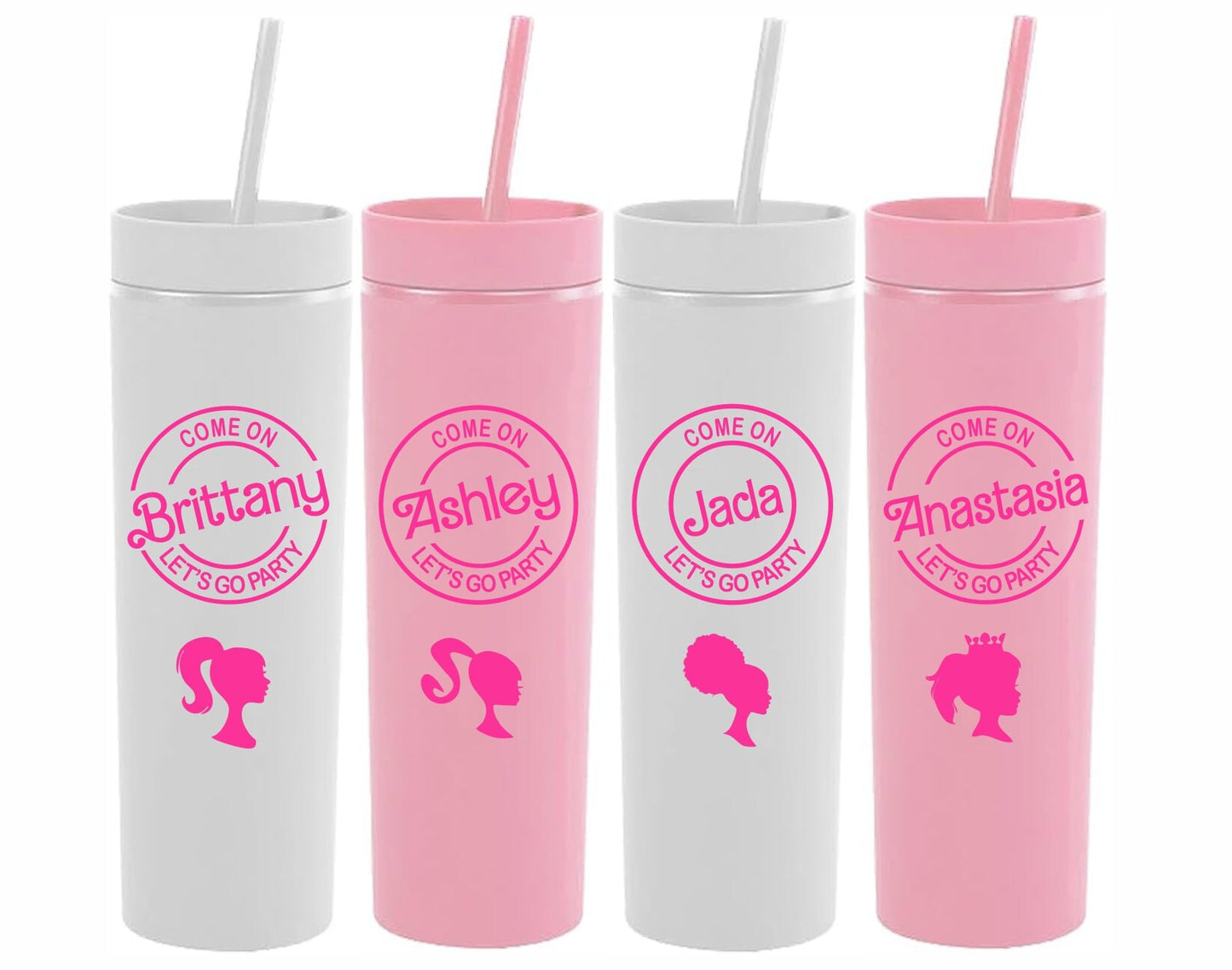 Custom Name Let's Go Party Skinny Tumbler with Lid and Straw