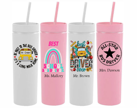 Monogrammed Bus Driver Gift Skinny Tumbler with Lid and Straw