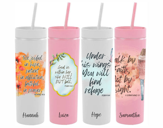 Monogrammed Bible Verse Skinny Tumbler with Lid and Straw